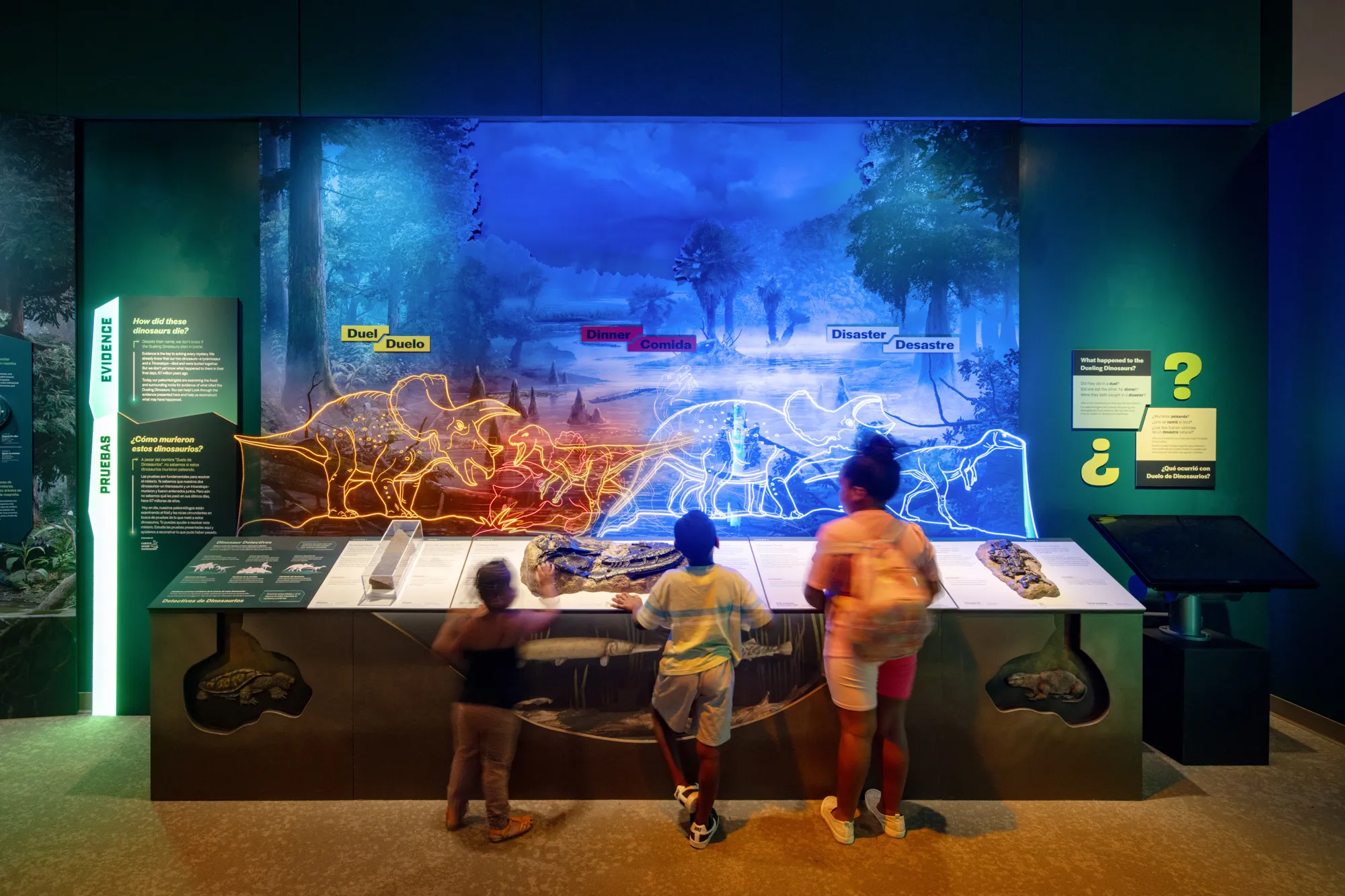 Interactive exhibit display at the Dueling Dinosaurs Laboratory Exhibit at the North Carolina Museum of Natural Sciences